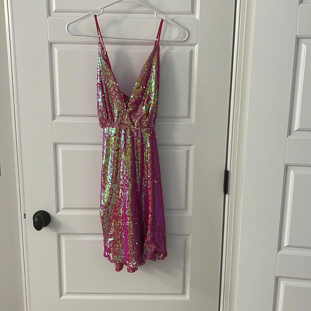 Iridescent pink sequin party dress